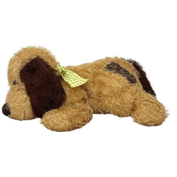 WALMART Brown Puppy Dog Vintage 20" Plush My Bone Shaggy Wiry Green Gingham Bow - Picture 4 of 8